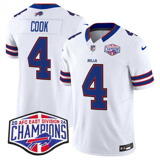 Mens Buffalo Bills #4 James Cook White F.U.S.E. 2024 AFC East Division Champions Vapor Limited Stitched Jersey